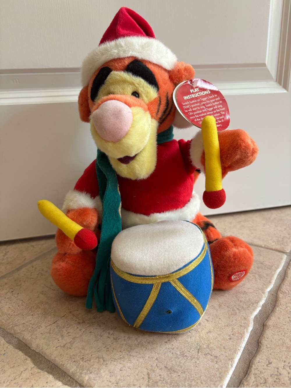 Vintage Disney Store Tigger Plush Drum Toy - Red Holiday Outfit Sound Movement